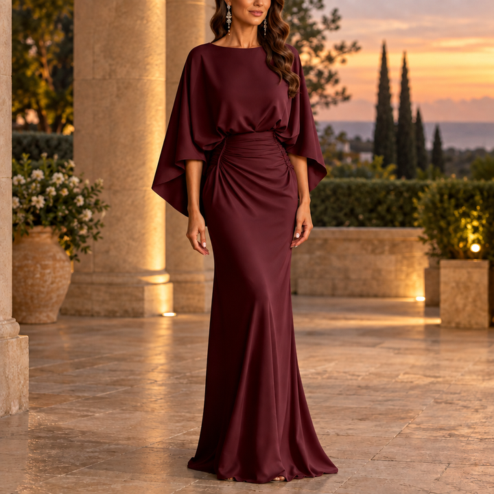 Elarabel – Batwing Sleeve Ruched Waist Maxi Gown