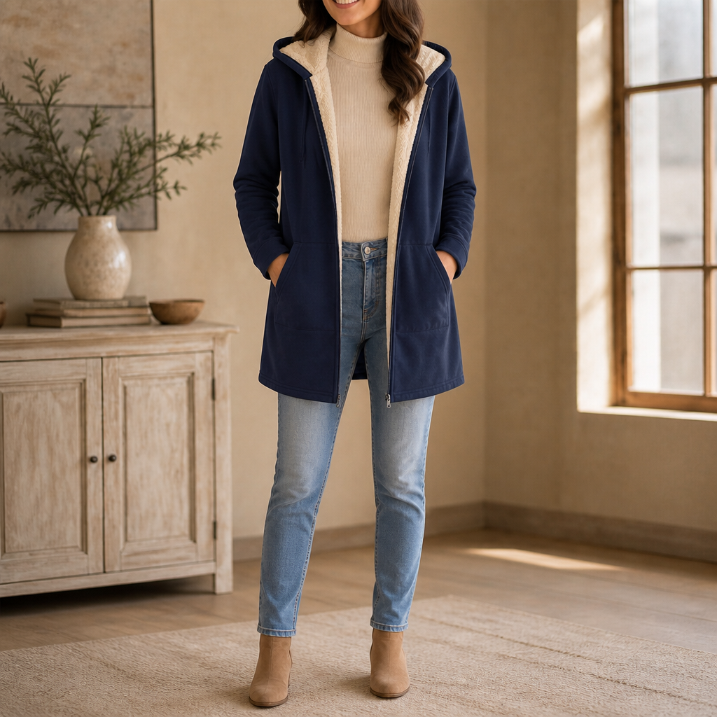 Cozelle – Fleece-Lined Hooded Mid-Length Jacket