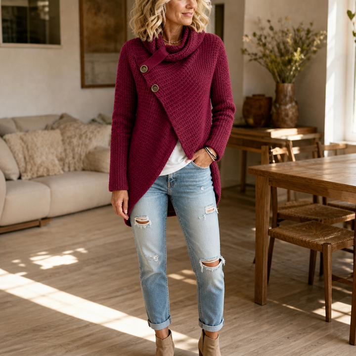 Cowl & Cozy – Asymmetric Cowl-Neck Button-Side Sweater