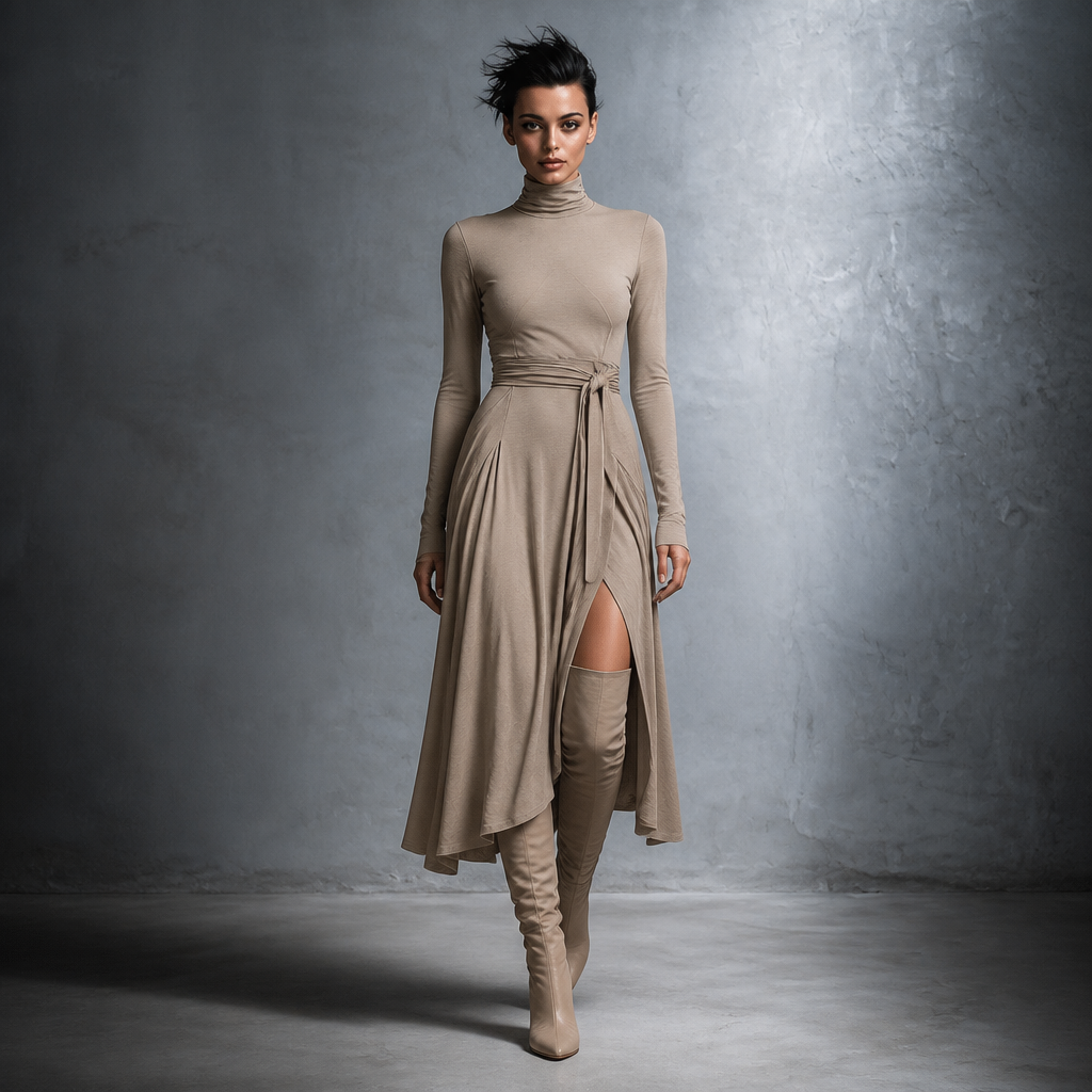 Wearbella – Turtleneck Ribbed Knit Slit Midi Dress