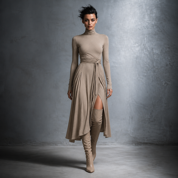 Wearbella – Turtleneck Ribbed Knit Slit Midi Dress