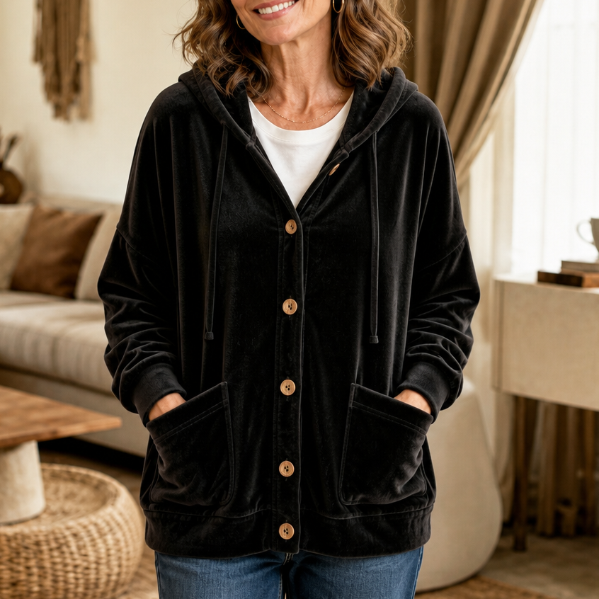Coziva – Hooded Button-Front Velour Cardigan