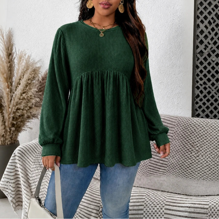 Cozyelle – Gathered Empire-Waist Waffle-Knit Top
