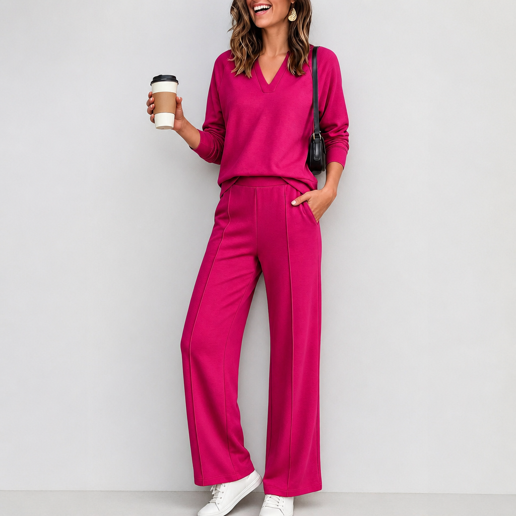 Wearbella – V-Neck Knit Top And Wide-Leg Pants Set