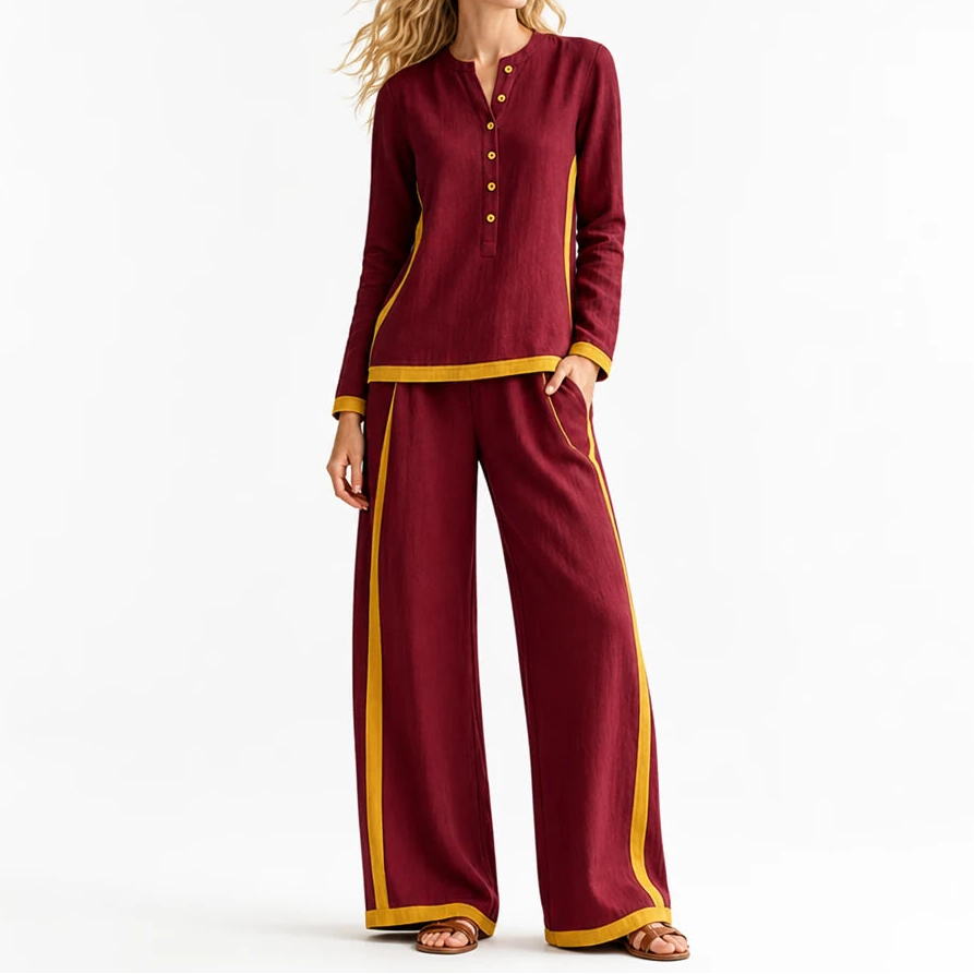 Modaform – Color-Block Long-Sleeve Top And Wide-Leg Pants Set