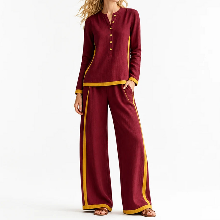 Modaform – Color-Block Long-Sleeve Top And Wide-Leg Pants Set