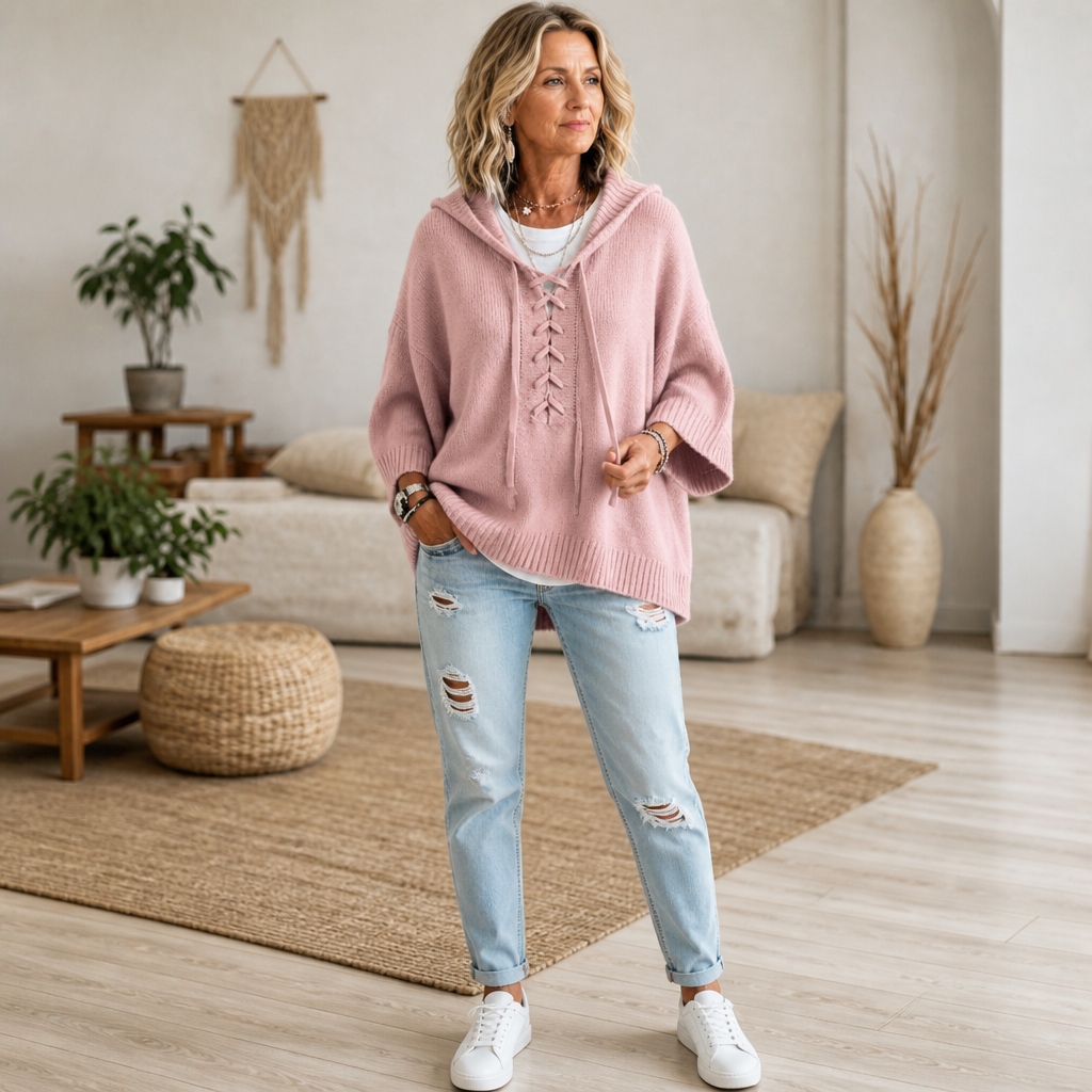 Lunarknit – Lace-Up Deep V Hooded Knit Pullover