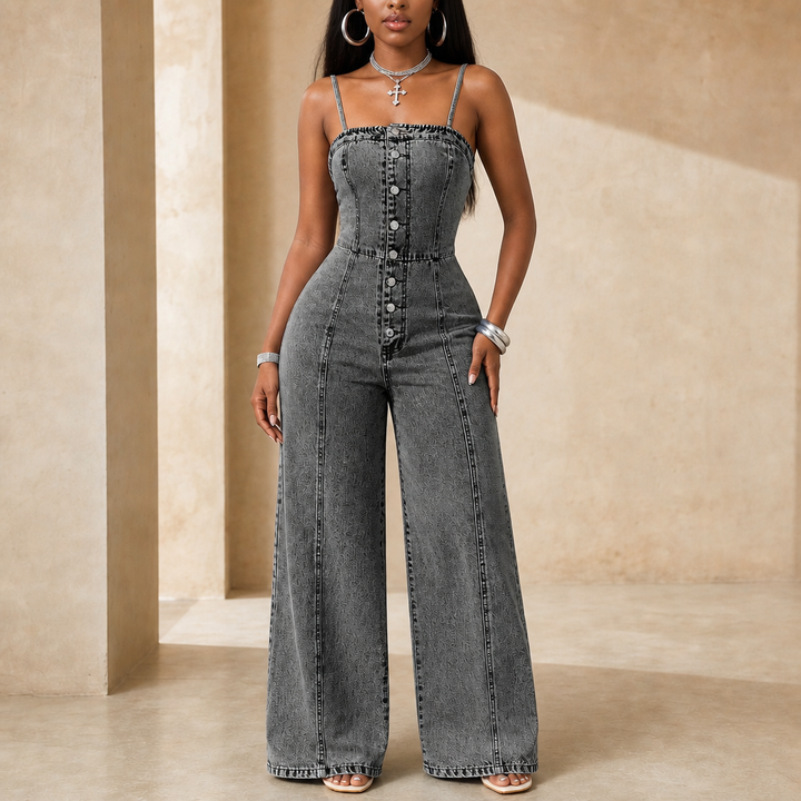Wearbella – Wide Leg Spaghetti Strap Denim Jumpsuit