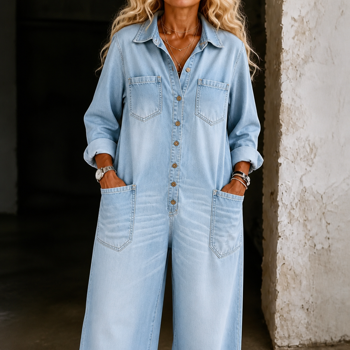 Everleigh – Wide-Leg Button-Front Denim Jumpsuit