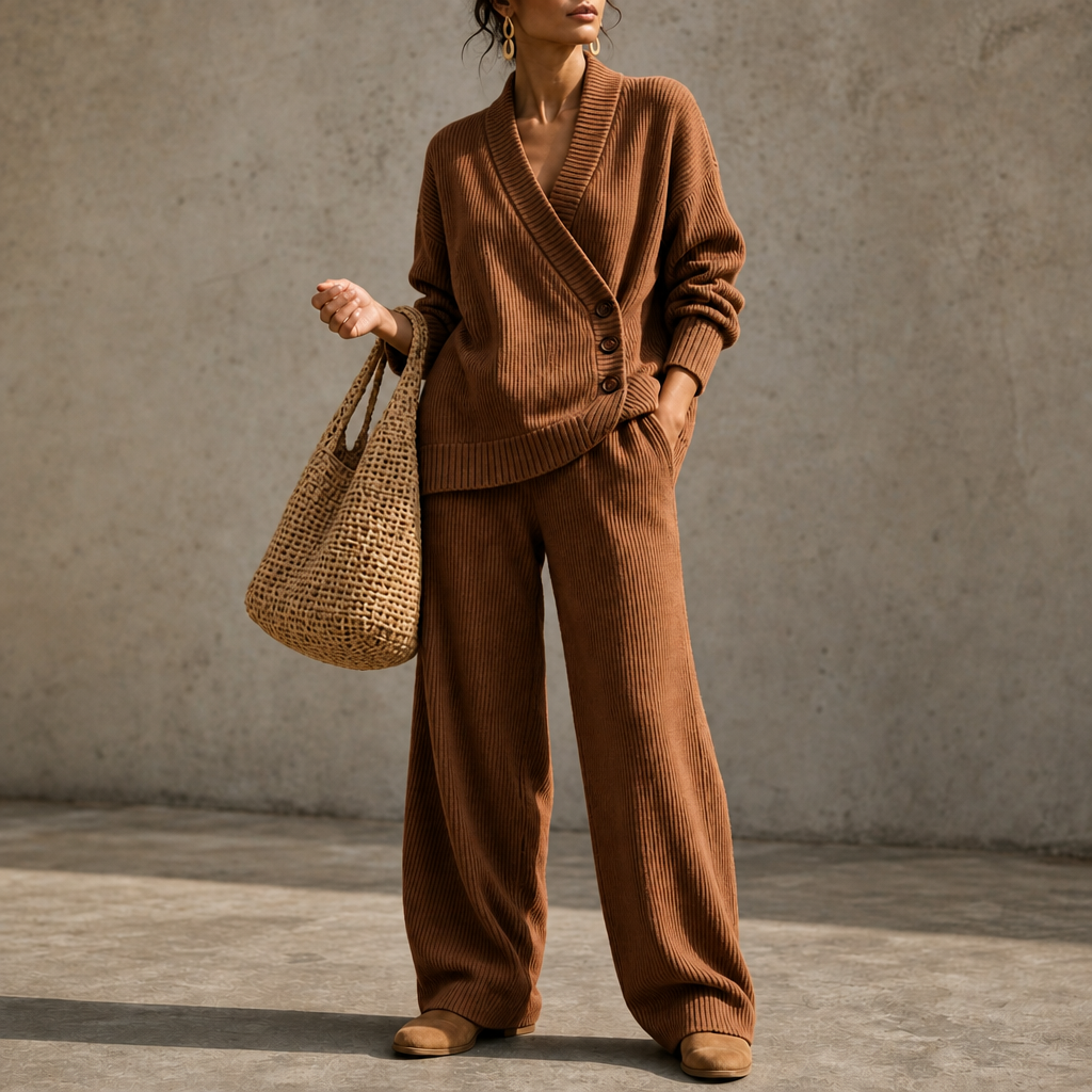 Olivea – Ribbed Wrap Top And Wide-Leg Pants Set