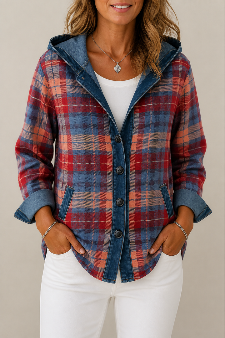 [BrandName] – Denim-Trim Hooded Knit Cardigan