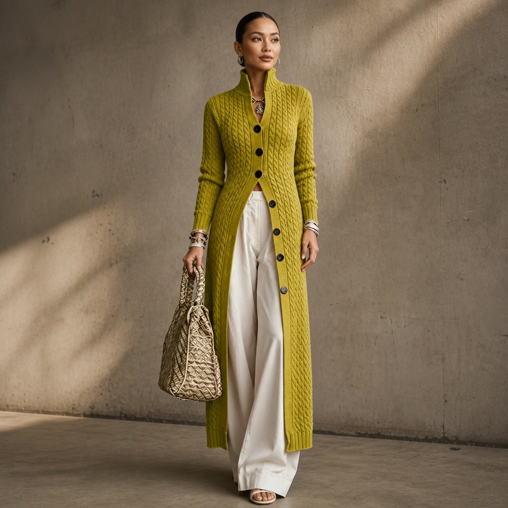 Cablemere – High Collar Cable-Knit Duster Cardigan