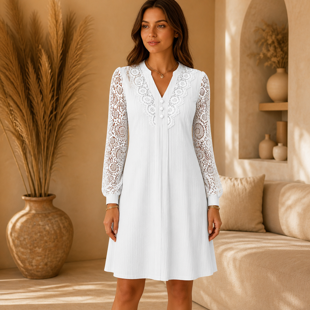 Vellora – V-Neck Lace Lantern-Sleeve A-Line Dress