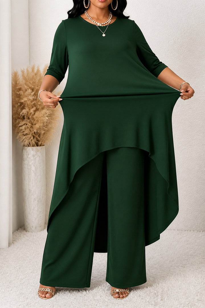 Lineve – Asymmetric Diagonal-Hem Top And Wide-Leg Pants Set