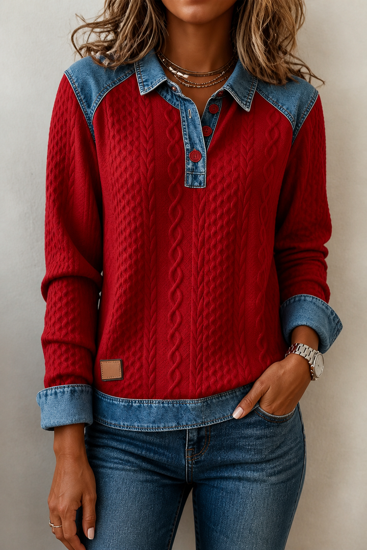 Layerlyn – Denim Patchwork Textured Knit Blouse