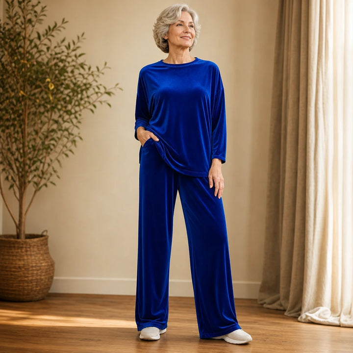 Veloura – Velvet-Look Long-Sleeve Top And Wide-Leg Pants Set