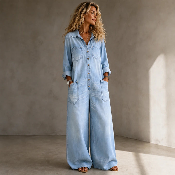 Denimbelle – Button-Front Wide-Leg Denim Jumpsuit