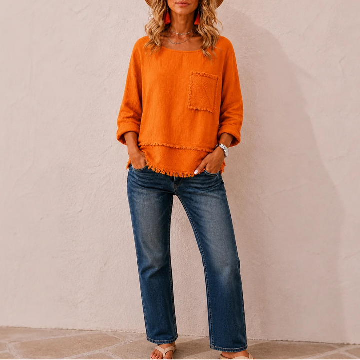 Marlowe – Crinkle-Textured Frayed-Trim Tunic Top