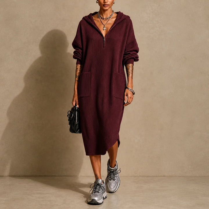 Everday – Hooded Zipper Pocket Midi Dress
