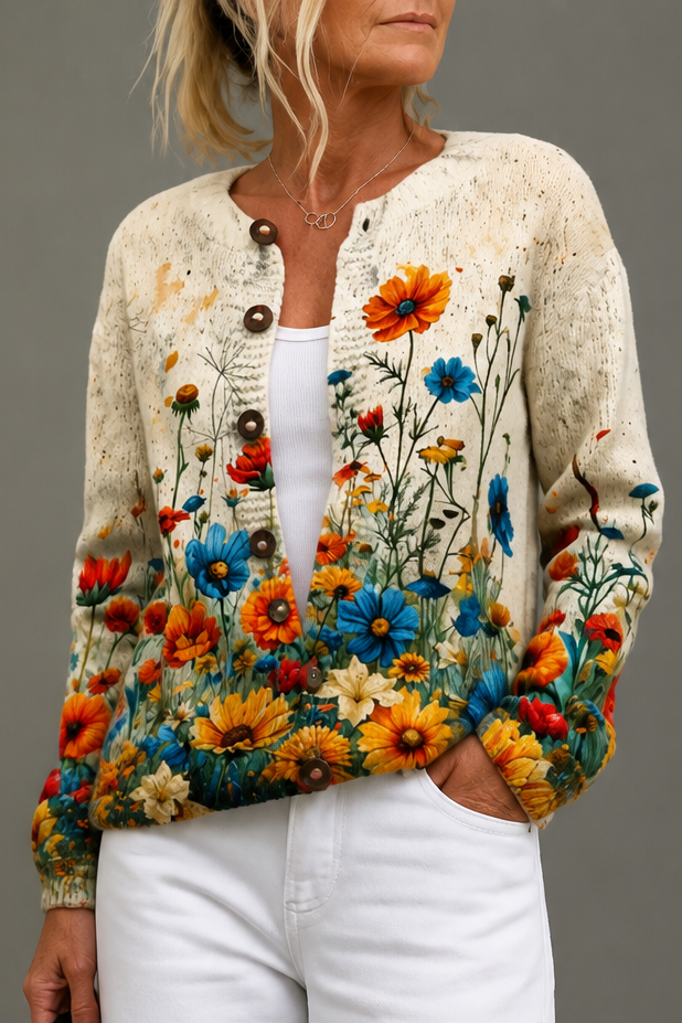 Helena – Floral Print Open-Front Knit Cardigan