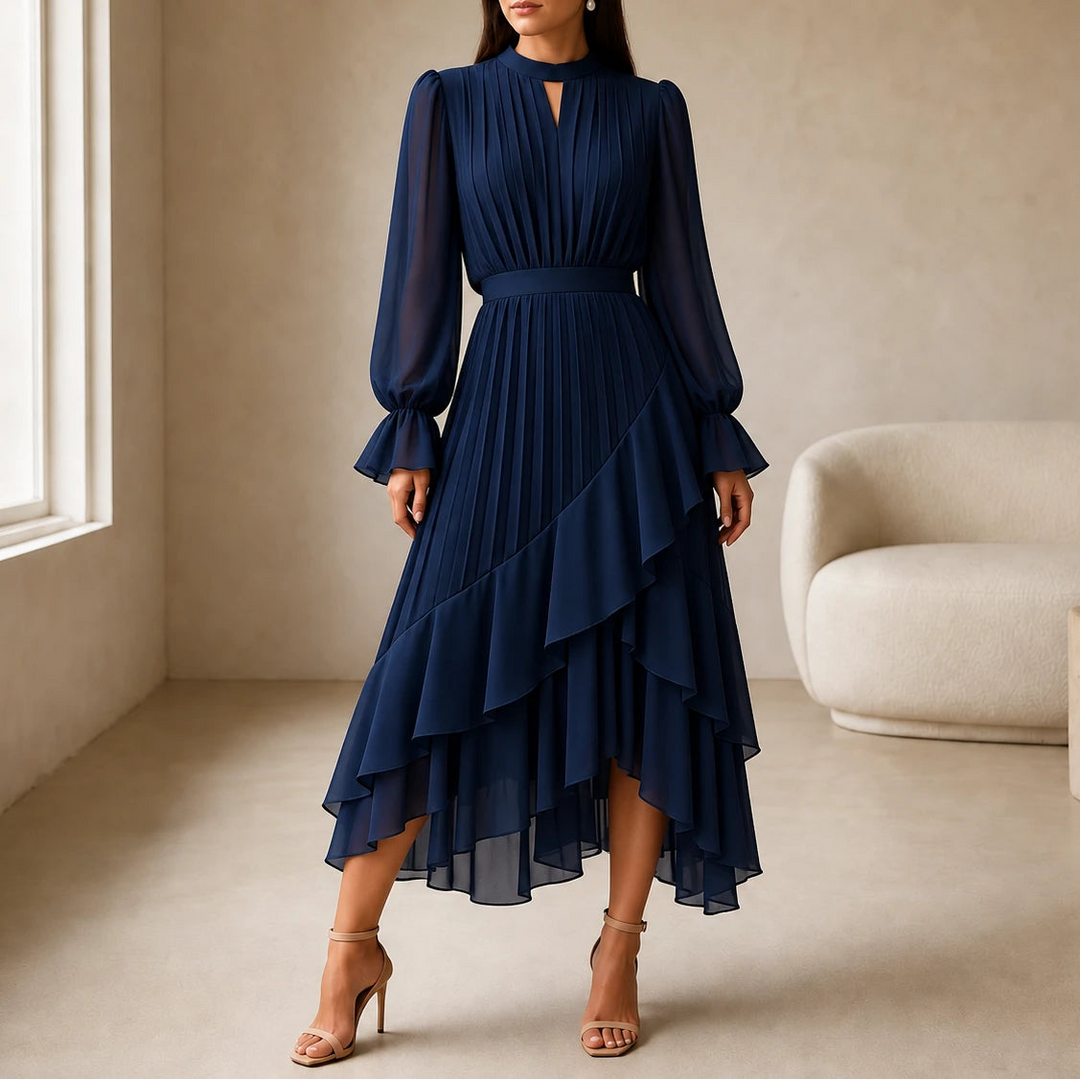 Florenza – Pleated Asymmetrical Ruffle Midi Dress