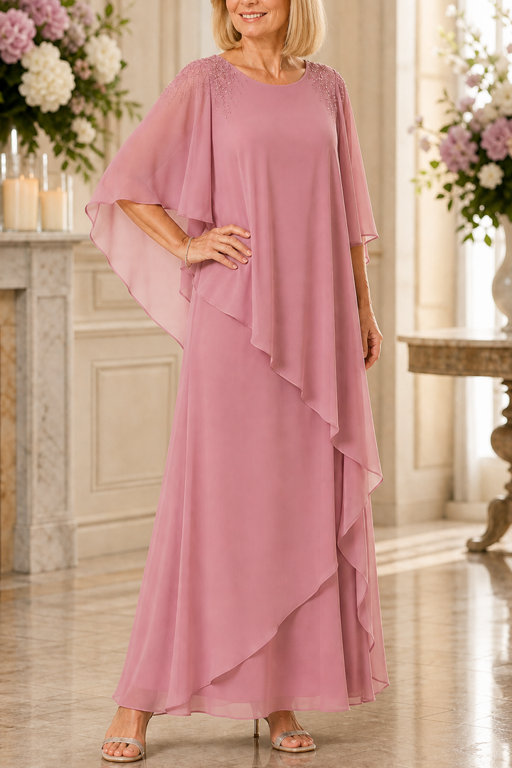 Vellamora – Cape Sleeve Layered Chiffon-Look Evening Gown