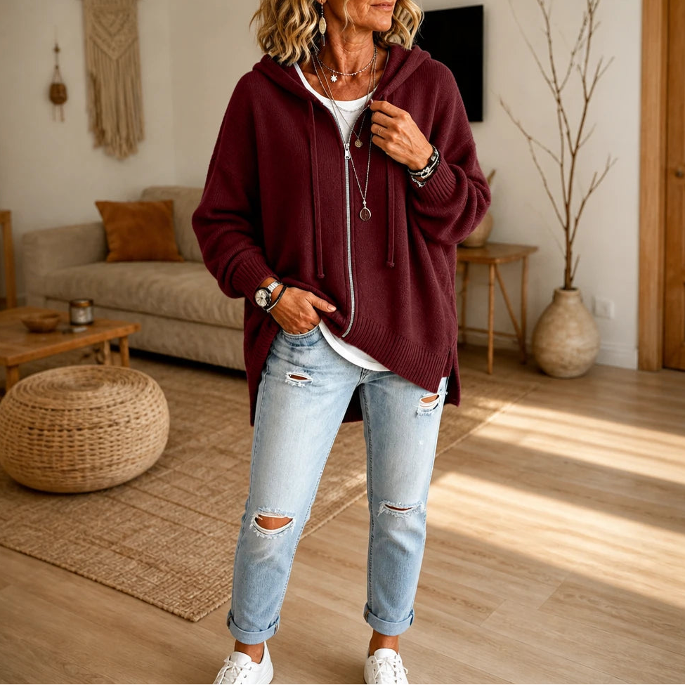 Cozyline – Zip-Front Hooded Knit Cardigan