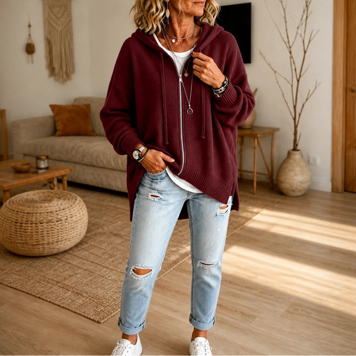Cozyline – Zip-Front Hooded Knit Cardigan