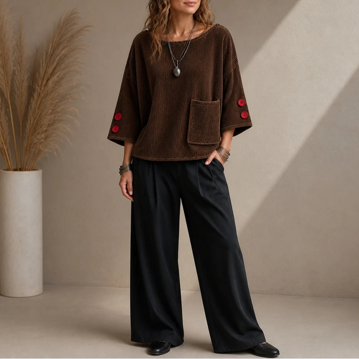 Overa – Ribbed Button-Sleeve Blouse