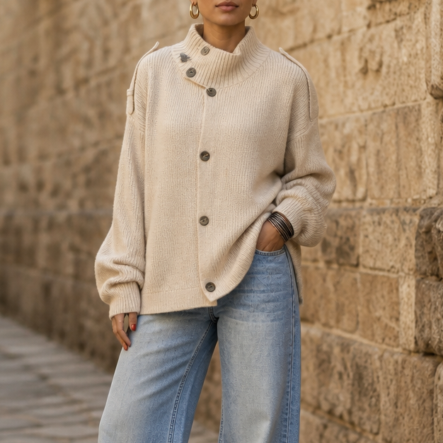 Diavelle – Diagonal Button High-Collar Knit Cardigan