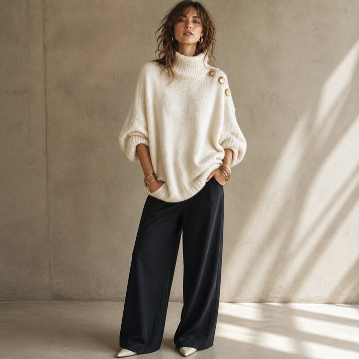 Aurelle – Gold Button Shoulder Knit Turtleneck Sweater