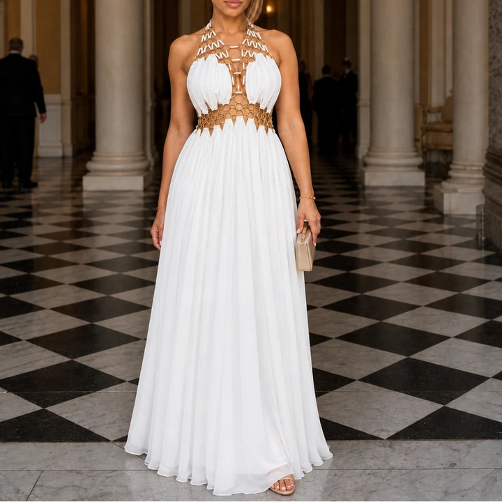 Avelise – Gold Ring Halter Open-Back Maxi Dress