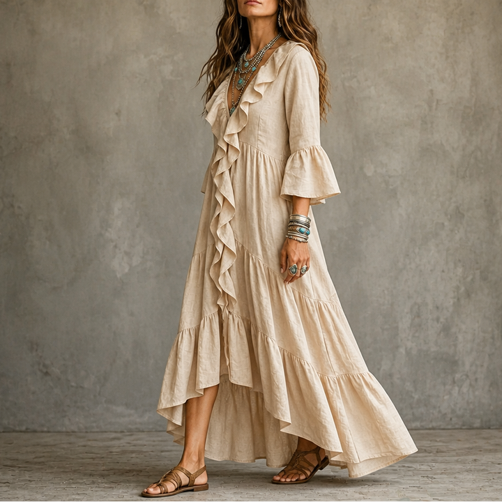 Cascada – High-Low Ruffle V-Neck Bell Sleeve Dress