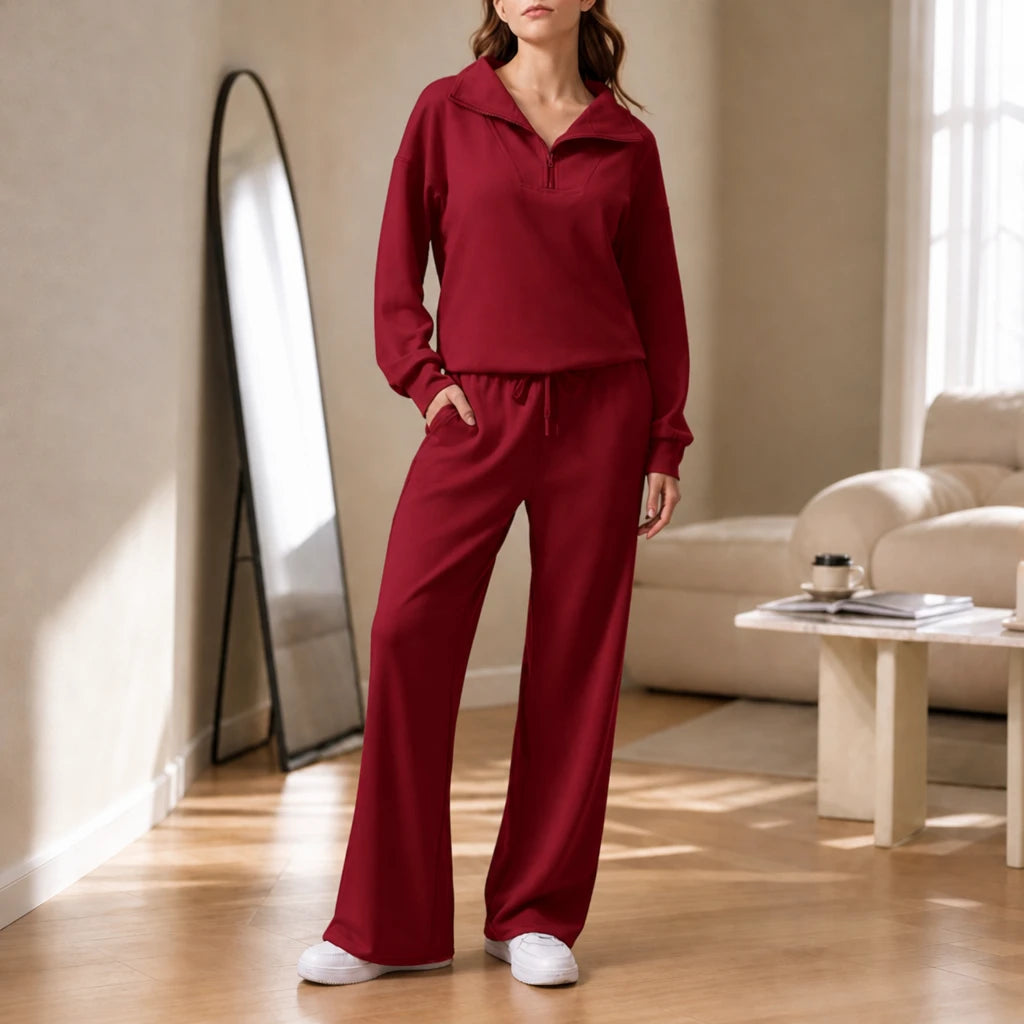 Veya – Quarter-Zip Stand-Collar Blouse And Wide-Leg Trouser Set
