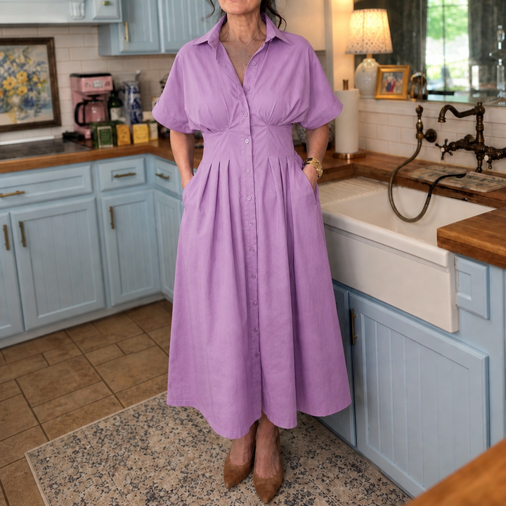 Solmara – Pleated Waist Button-Front Maxi Shirt Dress