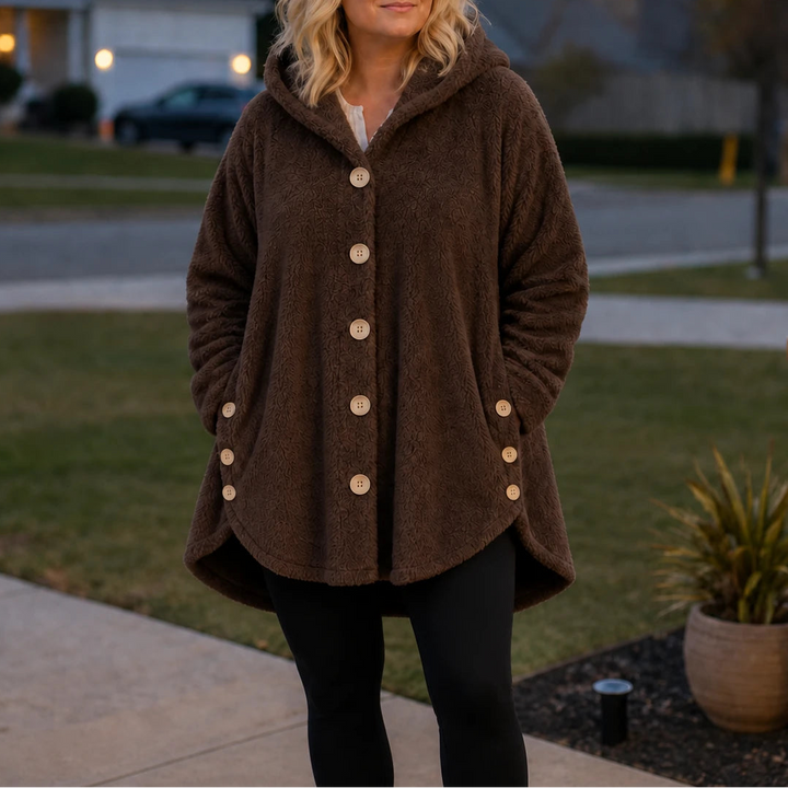 Cozy Button – Asymmetrical Hem Hooded Fleece Coat