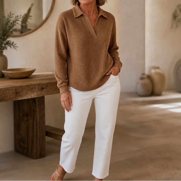 Waffelou – Collared V-Neck Waffle-Knit Oversized Top