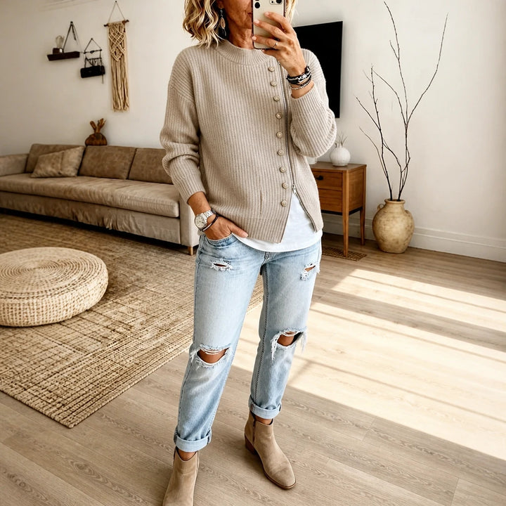 Velaire – Asymmetric Button Zip Ribbed Knit Pullover