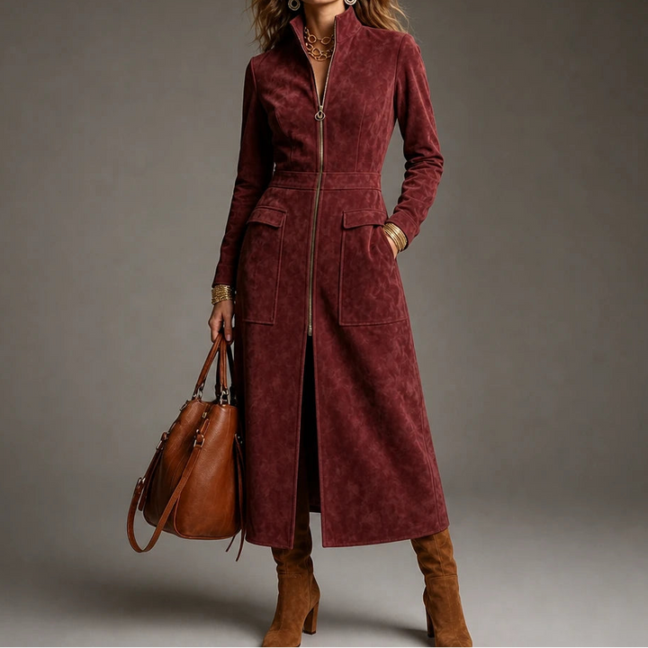 Velora – Fitted Stand-Collar Longline Coat