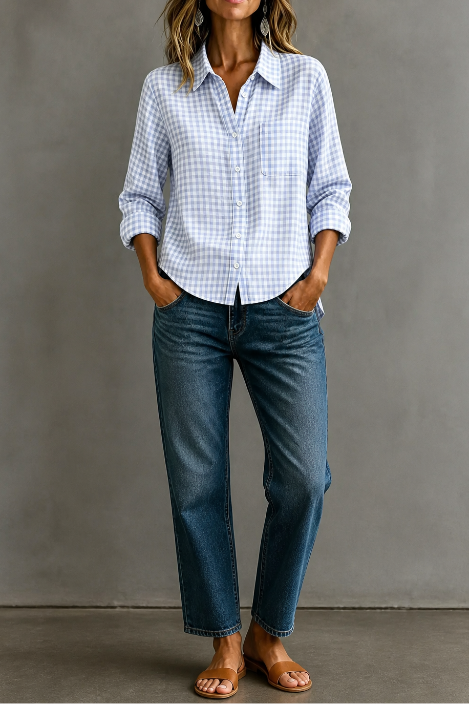 Checkered Long-Sleeve Button-Up Shirt For Women