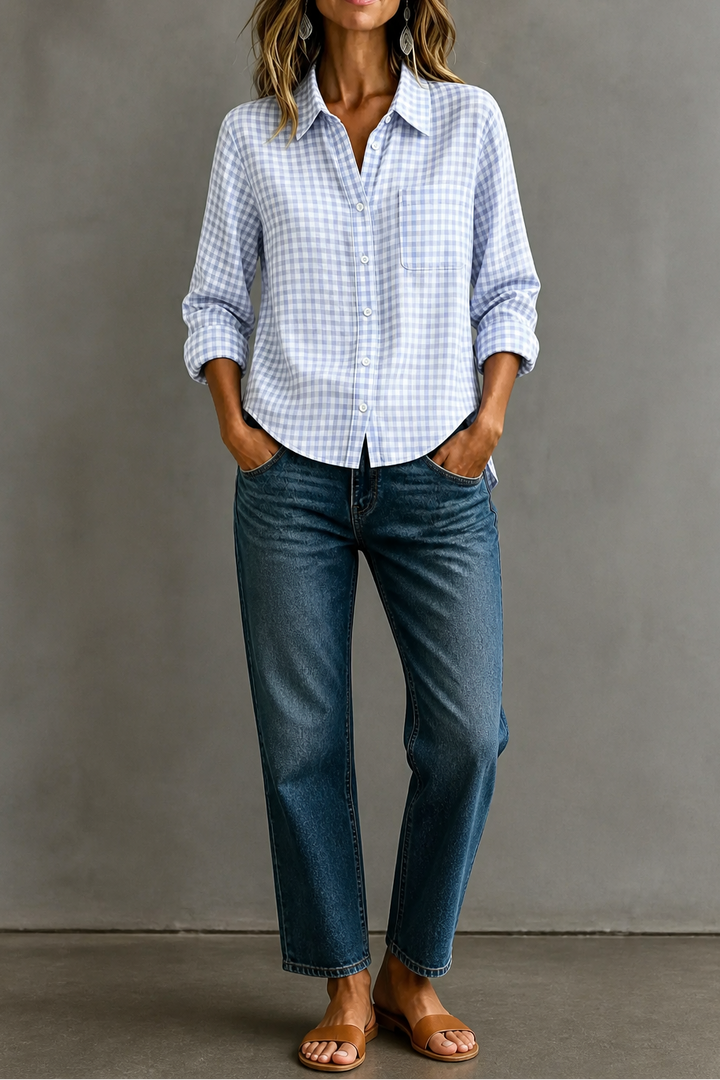 Checkered Long-Sleeve Button-Up Shirt For Women