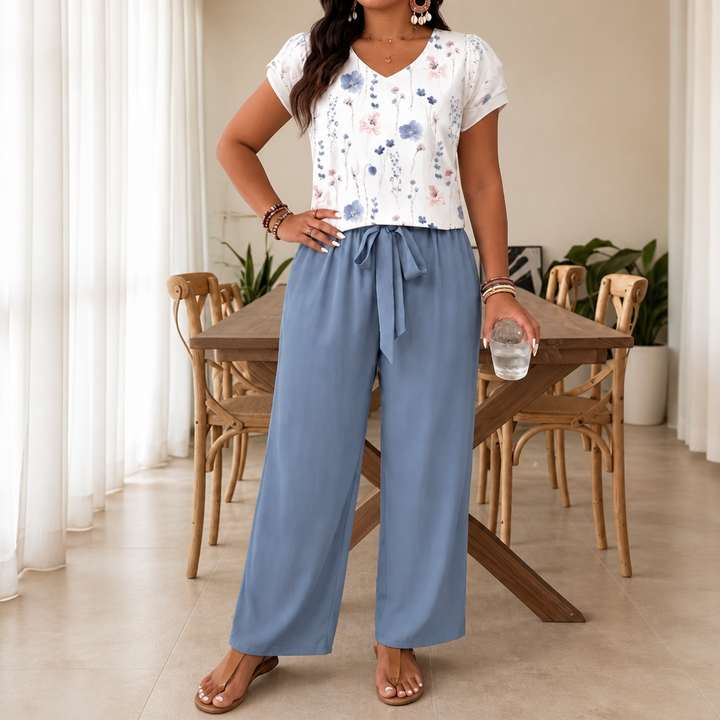 Twovelle – V-Neck Tie-Waist Wide-Leg Two-Piece Set