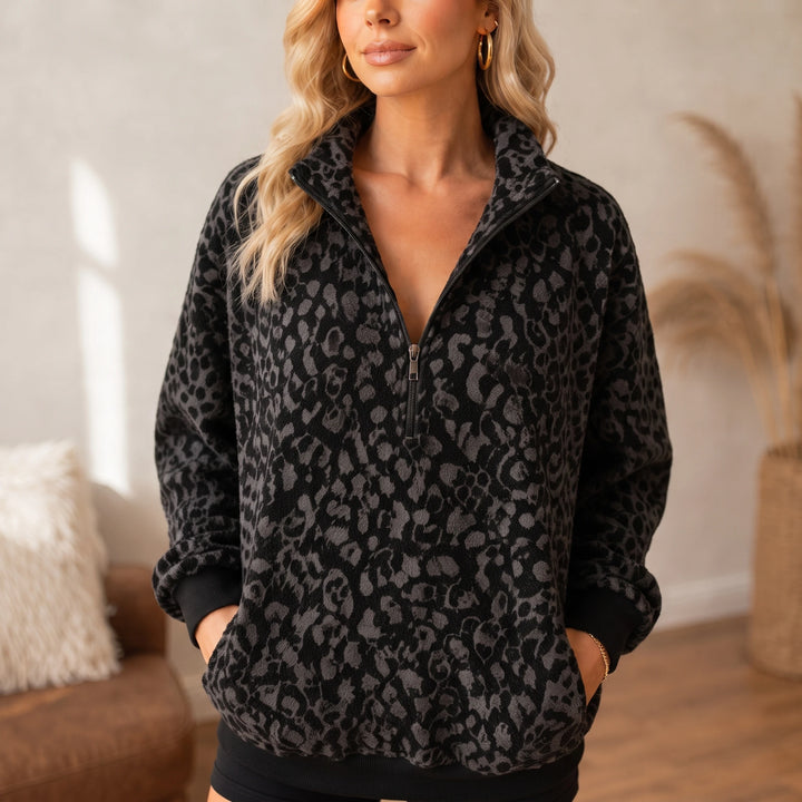 Roamprint – Leopard Print Oversized Quarter-Zip Sweatshirt