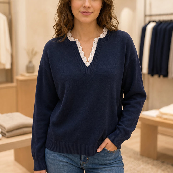 Lacewell – Scalloped Lace-Trim Mock-Neck Knit Sweater