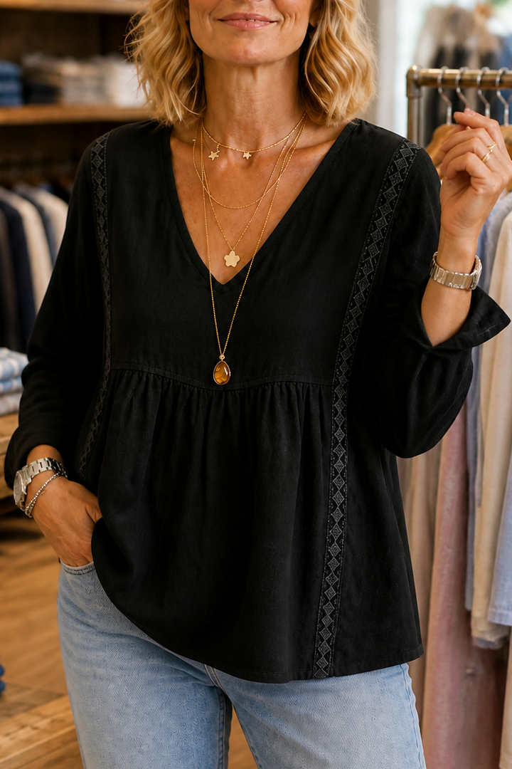 Wearbella – Lace-look V-Neck Long Sleeve Blouse