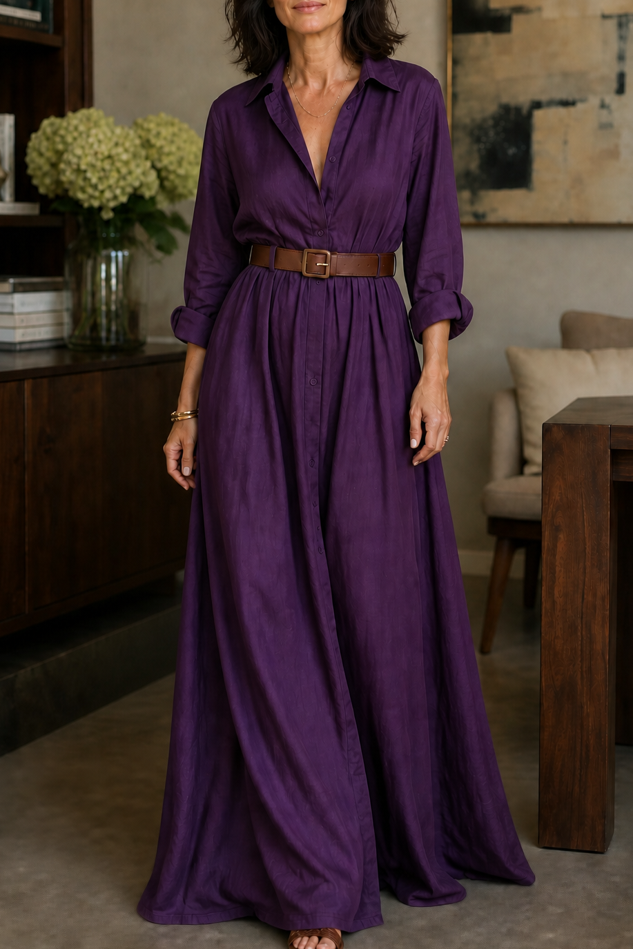 Belveil – Belted Collared Long-Sleeve Maxi Shirt Dress