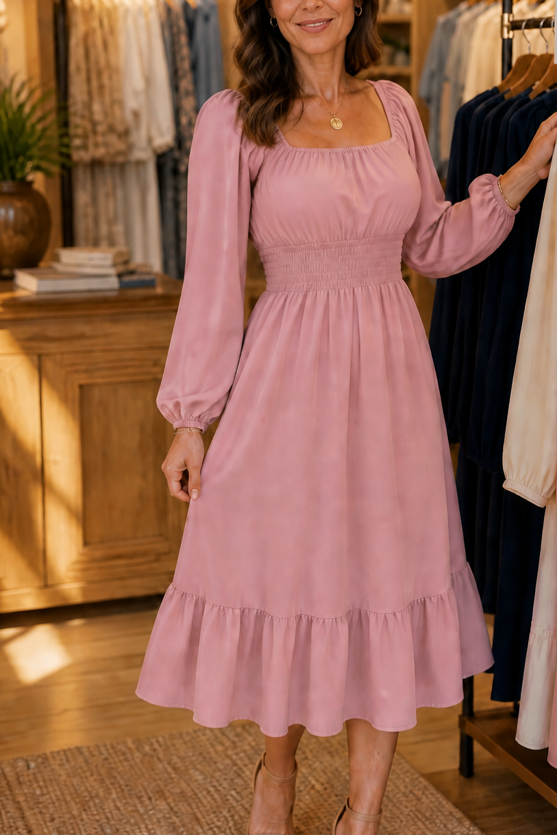 Trucewear – Smocked Square Neck Ruffled Midi Dress