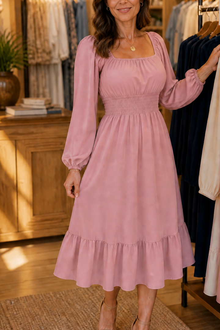 Trucewear – Smocked Square Neck Ruffled Midi Dress