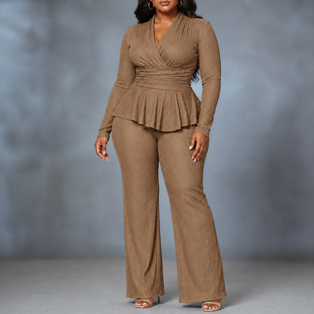 Vessora – Pleated Waist Flared Leg Top And Trousers Set