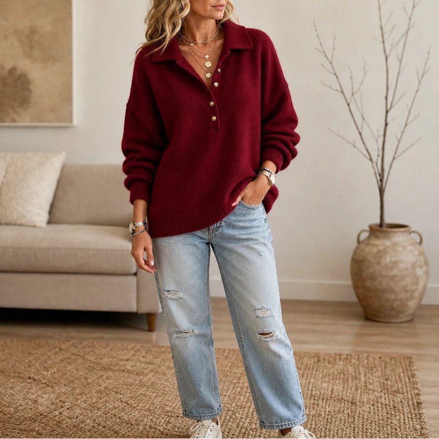 Collar & Knit – Collared Loose-Knit Henley Sweater